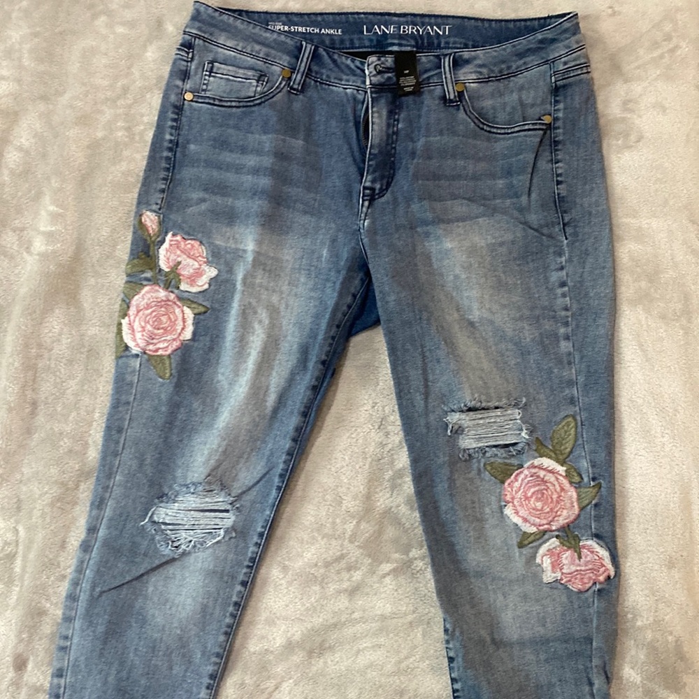 Lane Bryant (LB) Super Skinny Cropped Embroidered Jeans Sz 14 Boho Fest Country